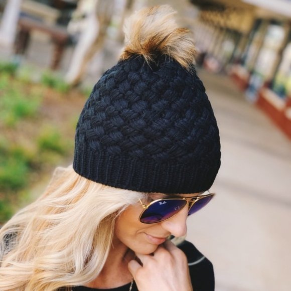 Accessories - LAST ONE! Black cable Knit Fleece Lined Pom Beanie